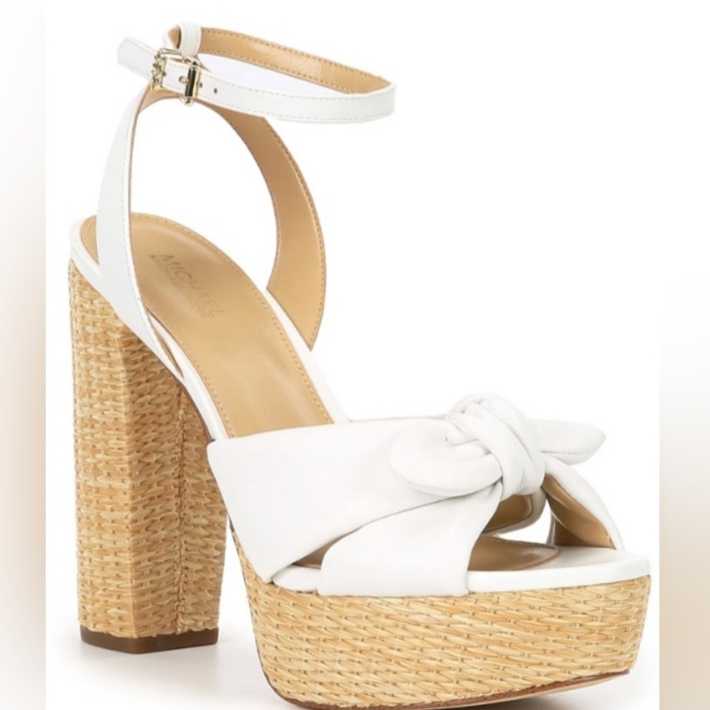 NEW Michael Kors Sadie White Leather Bow Wrapped Platform Sandals 👡 Size 9M